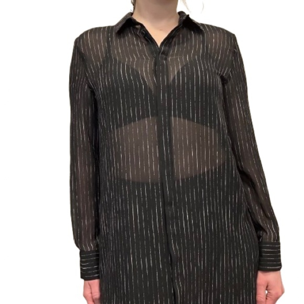 DKNY Black Sheer Striped Button Down Tunic